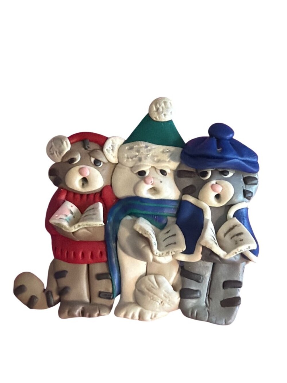Vintage Christmas Cat Choir Pin Brooch Polymer Clay Festive Holiday Colors 2"